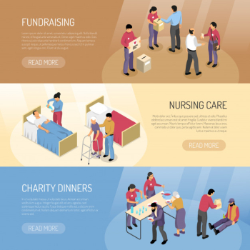 Volunteers isometric banners set Free Vector Volunteers isometric banners set Free Vector