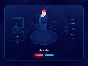 Vr virtual reality isometric, man stay on platform and choosing options, data analysis concept