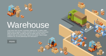 Warehouse isometric 3D of logistics transport and delivery vehicles. 