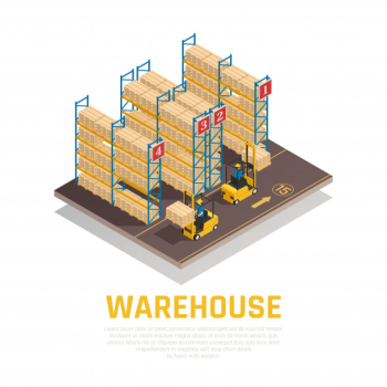 Warehouse isometric composition of racks with boxes and workers loading cargo by forklift Free Vector