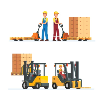 Warehouse workers working with forklifts Warehouse workers working with forklifts