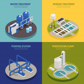 Water cleaning concept icons set with water treatment symbols isometric isolated Free Vector