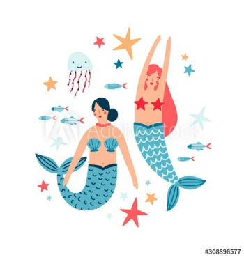 Water nymph and sea inhabitants flat vector illustration Water nymph and sea inhabitants flat vector illustration