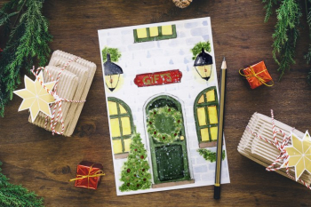 Watercolor Christmas Card. Christmas Eve. Cozy Home Watercolor Christmas Card. Christmas Eve. Cozy Home