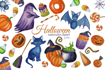 Watercolor Cute Halloween Clipart. Witch clip art Watercolor Cute Halloween Clipart. Witch clip art