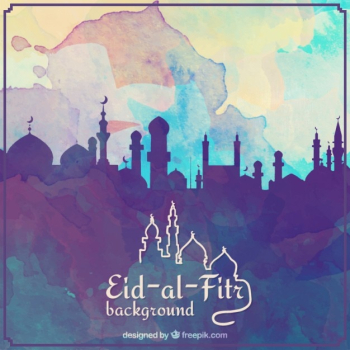 Watercolor eid al fitr background with silhouette