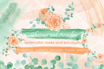 Watercolor eucalyptus and peach floral rose clipart Watercolor eucalyptus and peach floral rose clipart