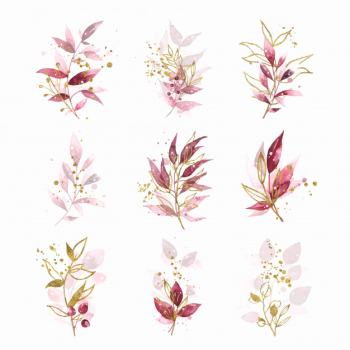 Watercolor gold hand painted botanical burgundy maroon leaves wedding bouquet Free Vector