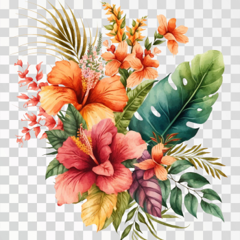 Watercolor handprinted tropical flower bouquets, PNG transparent background