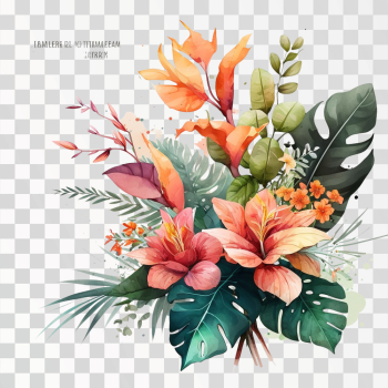 Watercolor handprinted tropical flower bouquets, PNG transparent background