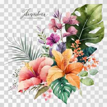 Watercolor handprinted tropical flower bouquets, PNG transparent background