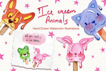Watercolor Ice Cream Animals Watercolor Ice Cream Animals
