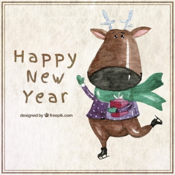 Watercolor new year card with a reindeer