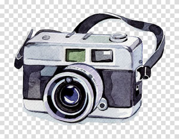 Watercolor painting Camera Illustration, Watercolor camera, black and white DSLR camera transparent background PNG clipart