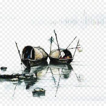 Watercolor painting Chinese painting Ink wash painting Work of art - Small fishing river 