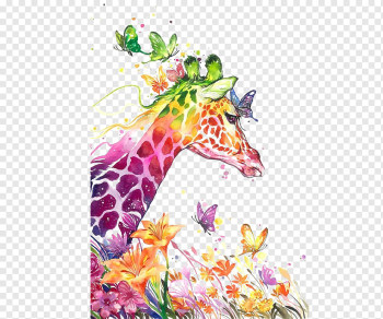 Watercolor painting Drawing Visual arts Canvas print, Watercolor Giraffe, multicolored giraffe and butterflies painting, watercolor Leaves, splash, animals png