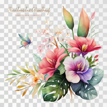 Watercolor tropical flower bouquets, PNG transparent background