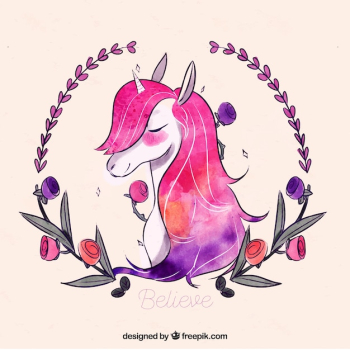 Watercolor unicorn background with floral wreath