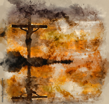 Watercolour painting of Jesus Christ Crucifixion on Good Friday Silhouette reflected in lake water