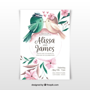 Watercolour wedding invitation with birds Watercolour wedding invitation with birds