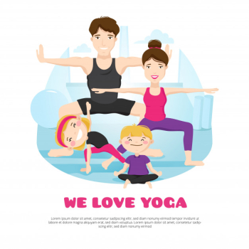 We love yoga wellness center poster with young family practicing asanas