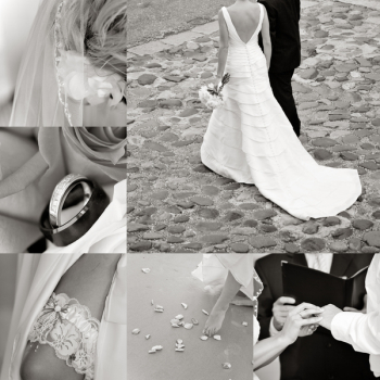 Wedding collage showcasing a couple in Charleston on a cobblestone street