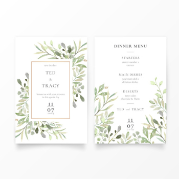 Wedding invitation & menu template with green leaves Free Vector Wedding invitation & menu template with green leaves Free Vector