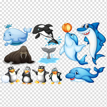 Whales, dolphins, sharks, and penguins illustration, Aquatic animal Sea Illustration, Cartoon penguins and other animals transparent background PNG clipart