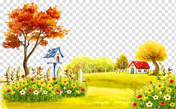 White and red house on grass field illustration, Landscape painting Theatrical scenery Illustration, Autumn village transparent background PNG clipart