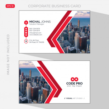 White business card with red details  with photo of city