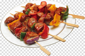 White ceramic plate filled with kebab, Yakitori Chuan Kebab Shish taouk Shashlik, Delicious vegetable skewers transparent background PNG clipart