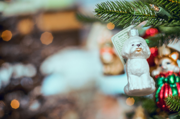 White Dog Bauble Hanged on Christmas Tree White Dog Bauble Hanged on Christmas Tree