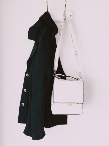 White Leather Crossbody Bag And Black Parka Coat White Leather Crossbody Bag And Black Parka Coat
