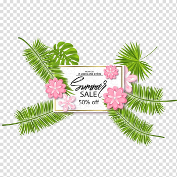 White paper with summer sale print illustration, Coconut Leaf Euclidean , Coconut leaves free to pull transparent background PNG clipart