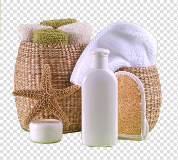 White plastic bottle and assorted-color towels, Towel Shower gel Soap Spa, Health museum SPA transparent background PNG clipart