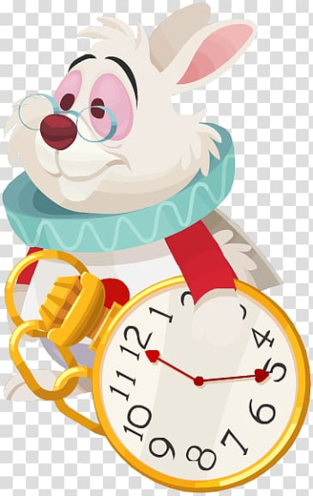 White rabbit holding beige analog pocket watch illustration, Queen of Hearts Alice's Adventures in Wonderland White Rabbit The Mad Hatter Cheshire Cat, alice in wonderland transparent background PNG clipart
