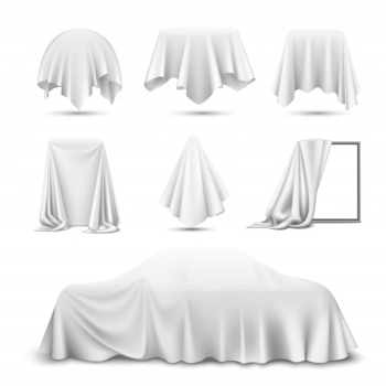 White silk cloth covered objects realistic set with draped mirror car hanging napkin tablecloth curtain Free Vector