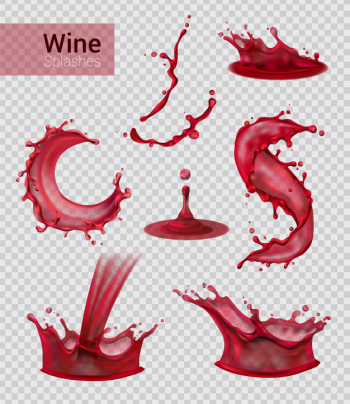 Wine splash realistic set of isolated sprays of liquid red wine with drops on transparent illustration Free Vector