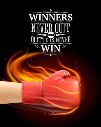 Winners and quitters quotes with sports symbols and boxing realistic illustration Free Vector