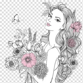 Woman holding flowers illustration, Woman Flower Portrait , Woman holding flowers transparent background PNG clipart