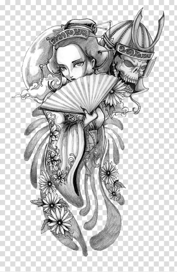 Woman holding handfan and Samurai sketch art, Tattoo Geisha Samurai Drawing, Hand-painted Japanese geisha transparent background PNG clipart