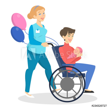 Woman holding newborn baby and sitting in wheel chair