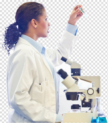 Woman holding test tube beside microscope, Science Light Scientist, Scientist transparent background PNG clipart