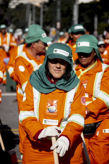 Woman in Orange Jumpsuits and Green Cap Cleaning the Street Woman in Orange Jumpsuits and Green Cap Cleaning the Street