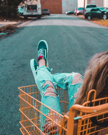woman in shopping cart woman in shopping cart
