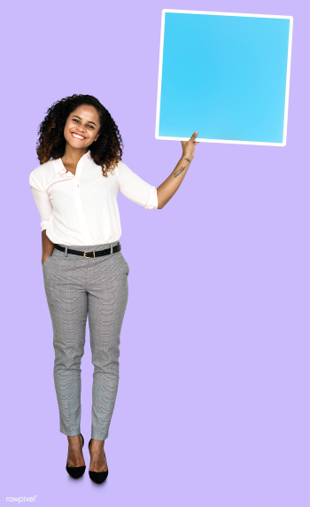 Woman showing a blank blue square board | Free stock psd mockup - 493223