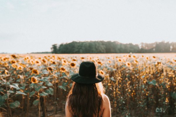 woman standing on sunflower garden woman standing on sunflower garden