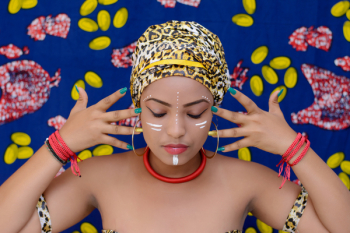 Woman Wearing Animal Print Head Scarf Woman Wearing Animal Print Head Scarf