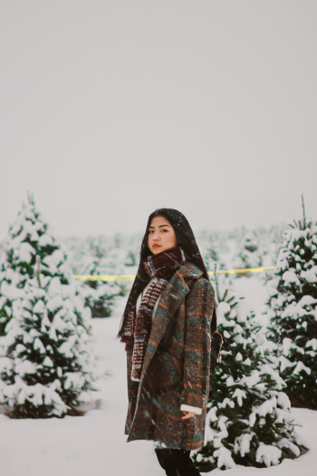 Woman Wearing Gray and Green Coat Standing on Snowy Field Woman Wearing Gray and Green Coat Standing on Snowy Field