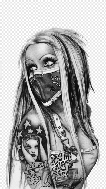 woman wearing half-face mask illustration, Old school (tattoo) Black-and-gray Drawing Chicano, Thug Life, face, monochrome, head png